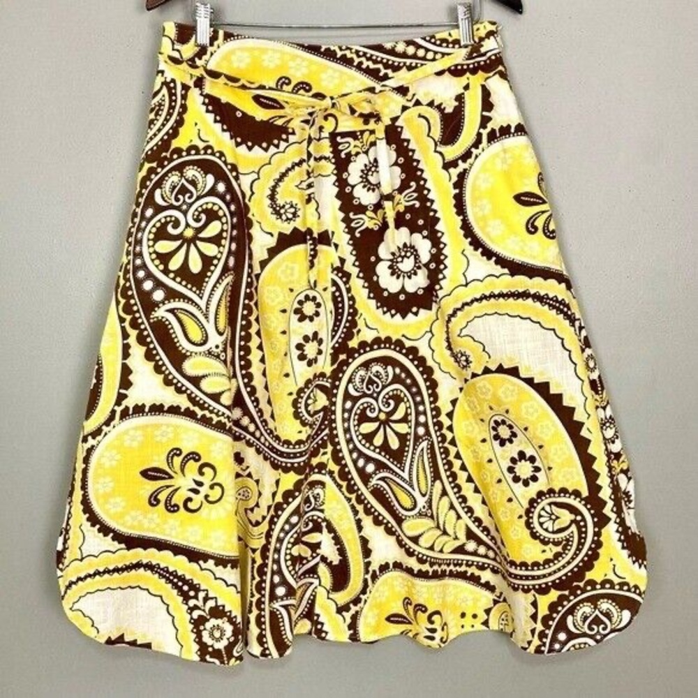 Talbots- Butter Yellow Paisley Euro Summer Midi Skirt w/Zip Sash Tie Boho A-Line